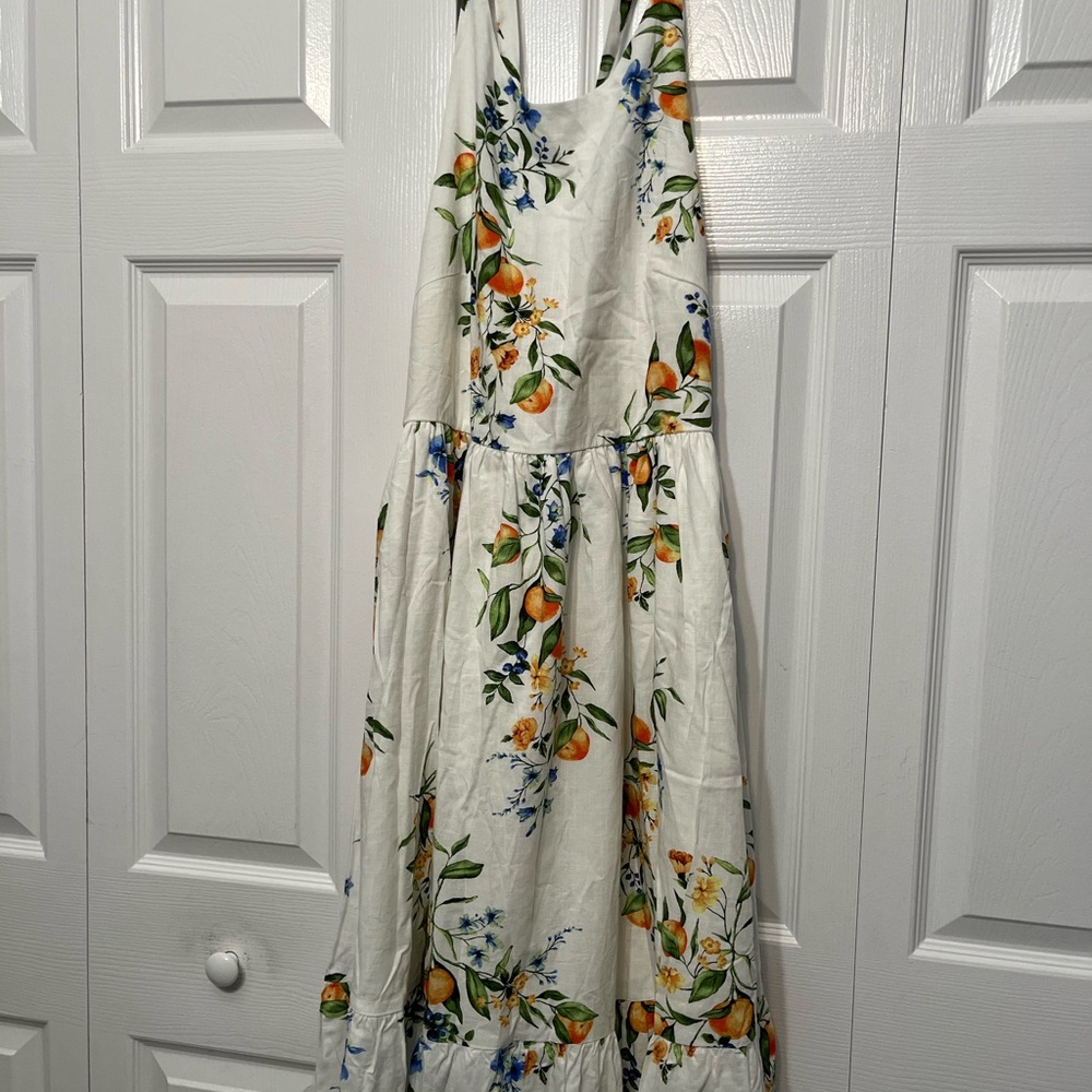 Time and Tru Floral Midi Dress - White with Orange and Blue